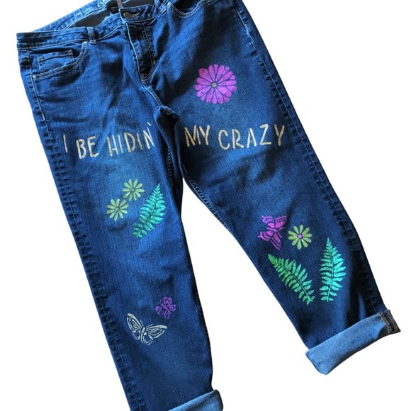 Upcycled Apt. 9 Painted Capris, Cropped Jeans, I Be Hidin’ My Crazy, Size 14 - Picture 8 of 14